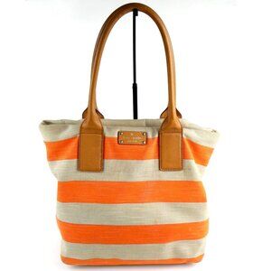 Kate Spade New York Orange & Khaki Striped Canvas Tote Bag With Leather Handles